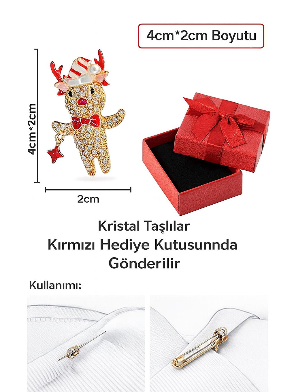 Sarı Yılbaşı Taşlı İnci Detaylı Tatlı Geyik Broş Yaka İğnesi-3