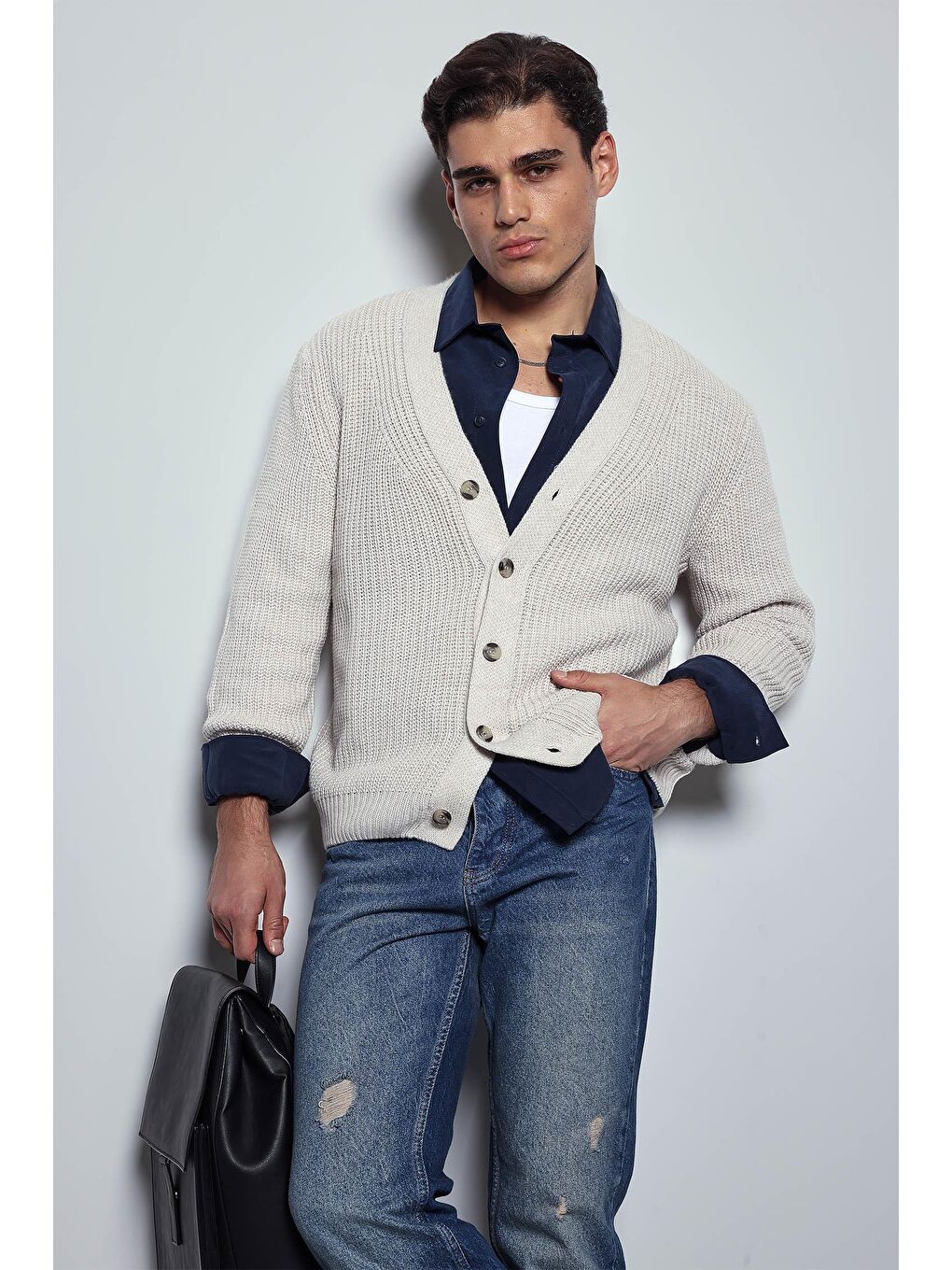 Erkek Oversize Düğmeli Triko Hırka Bej