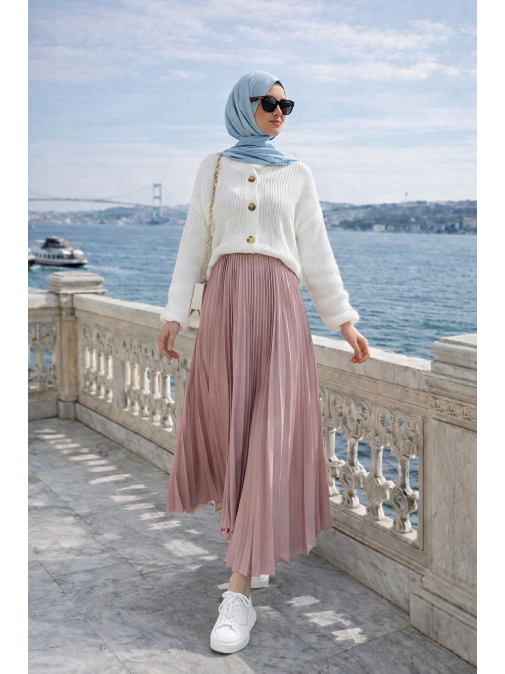 Kadın Premium Pileli Pembe Uzun Tesettür Etek-2