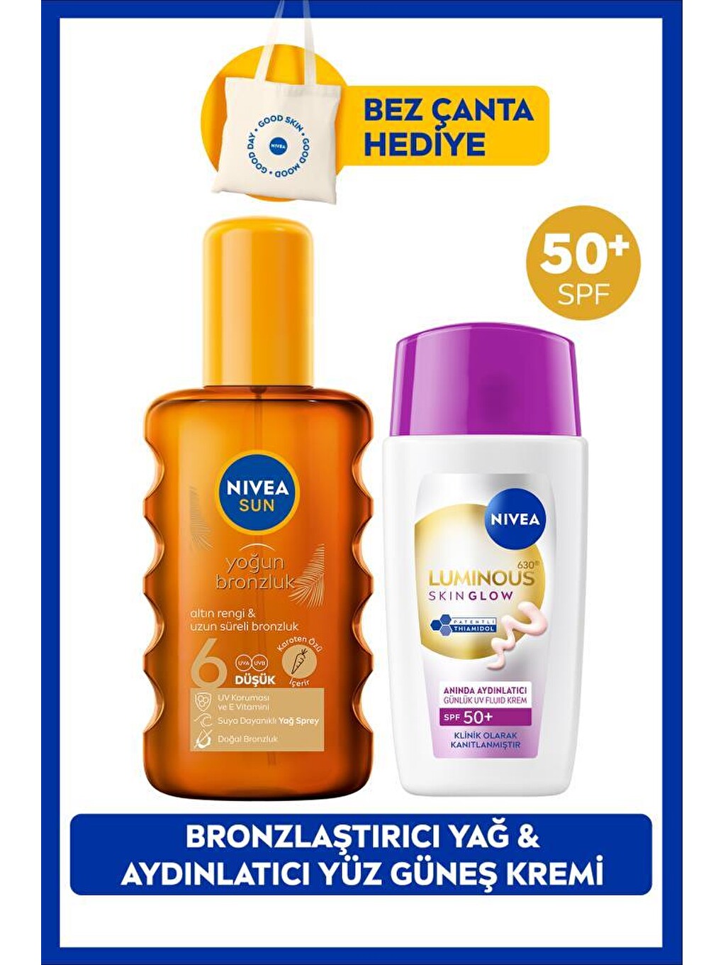 Spf50+ Luminous630 Skin Glow Güneş Koruyucu Yüz Kremi Ve Bronzlaştırıcı Güneş Yağı, Çanta Hediyeli