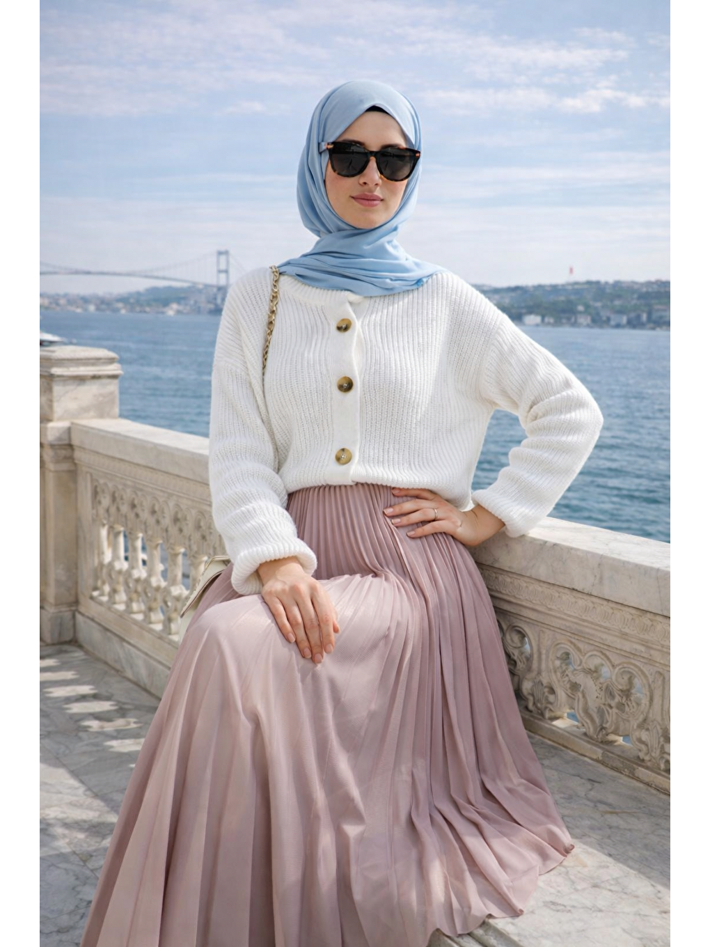 Kadın Premium Pileli Pembe Uzun Tesettür Etek-3