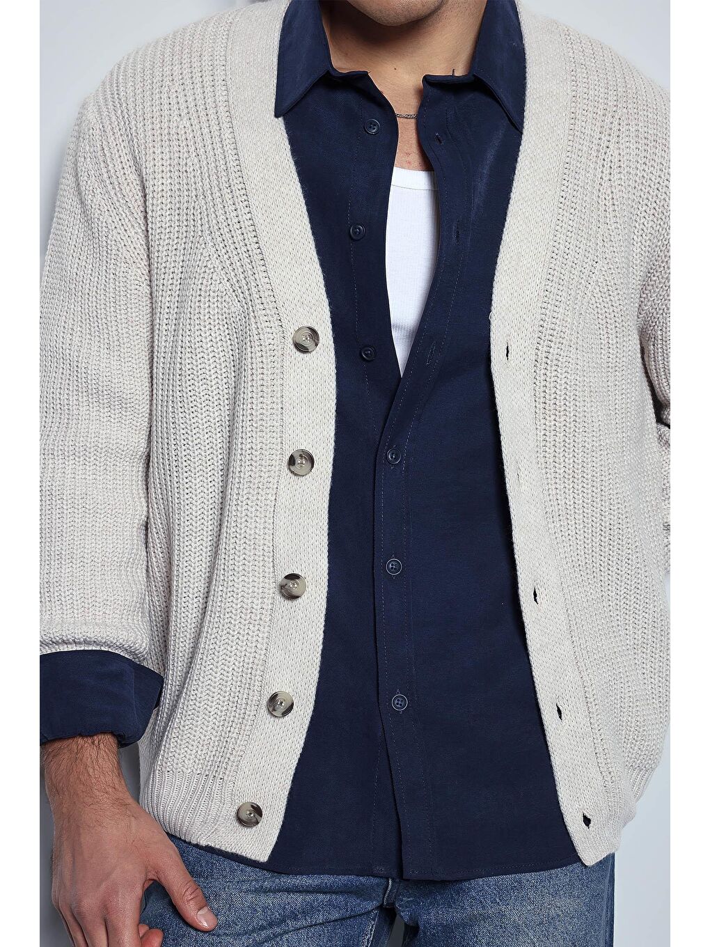 Erkek Oversize Düğmeli Triko Hırka Bej-2