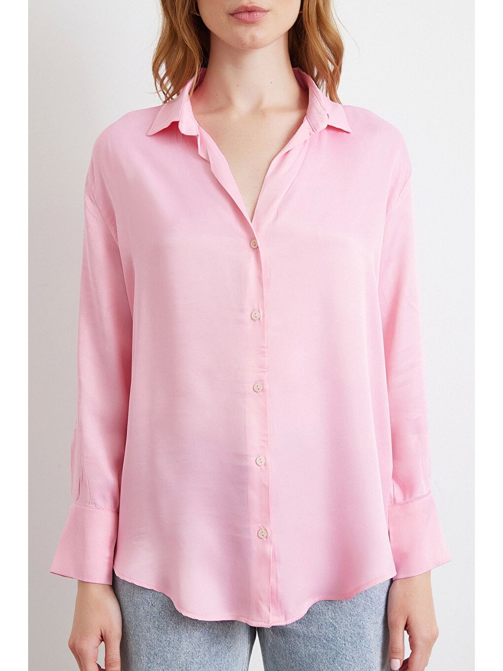 Viskon Saten Gömlek Pembe-3