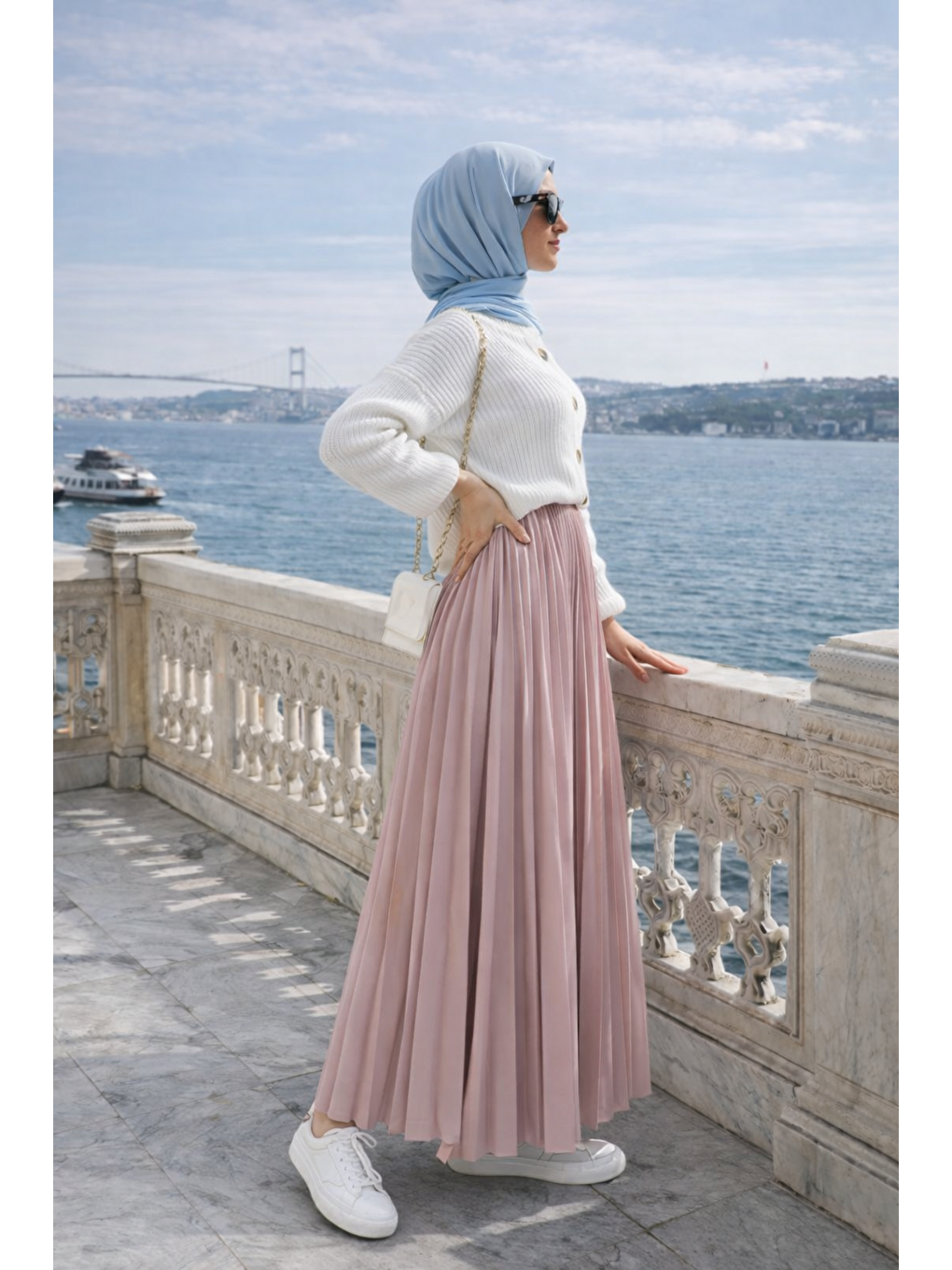 Kadın Premium Pileli Pembe Uzun Tesettür Etek-4