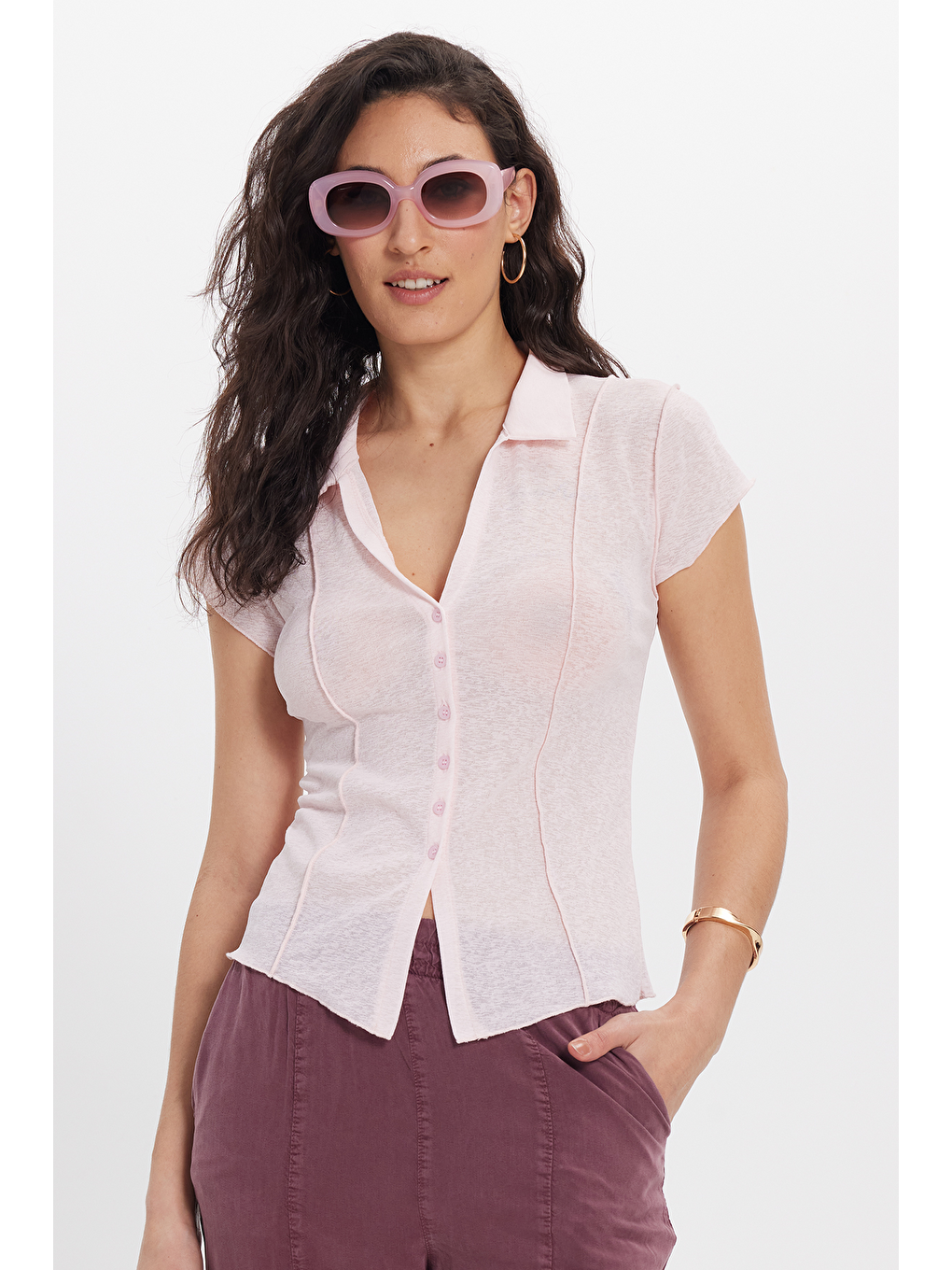 Kadın Slim Fit Dar Kesim Kısa Kollu Gömlek Yaka Pembe Gömlek-2