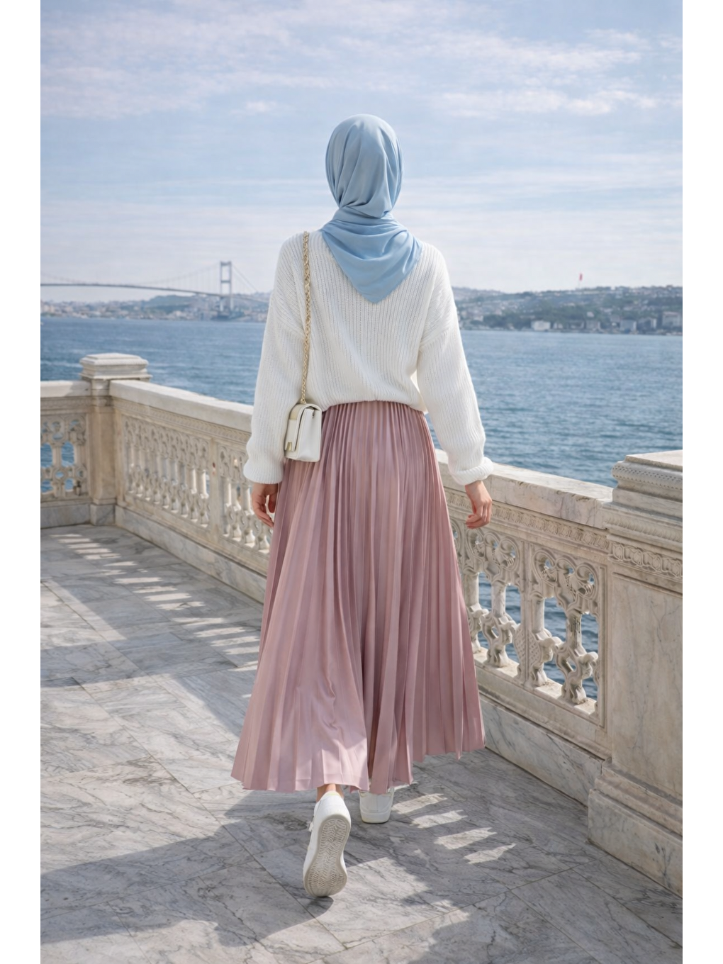 Kadın Premium Pileli Pembe Uzun Tesettür Etek-5