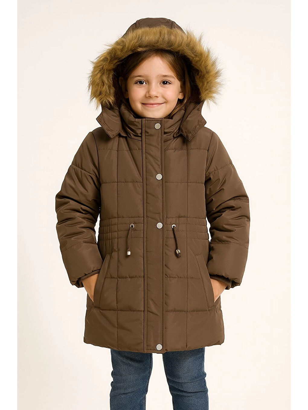 Bej Kapüşonlu Kışlık Kız Çocuk Mont 4210