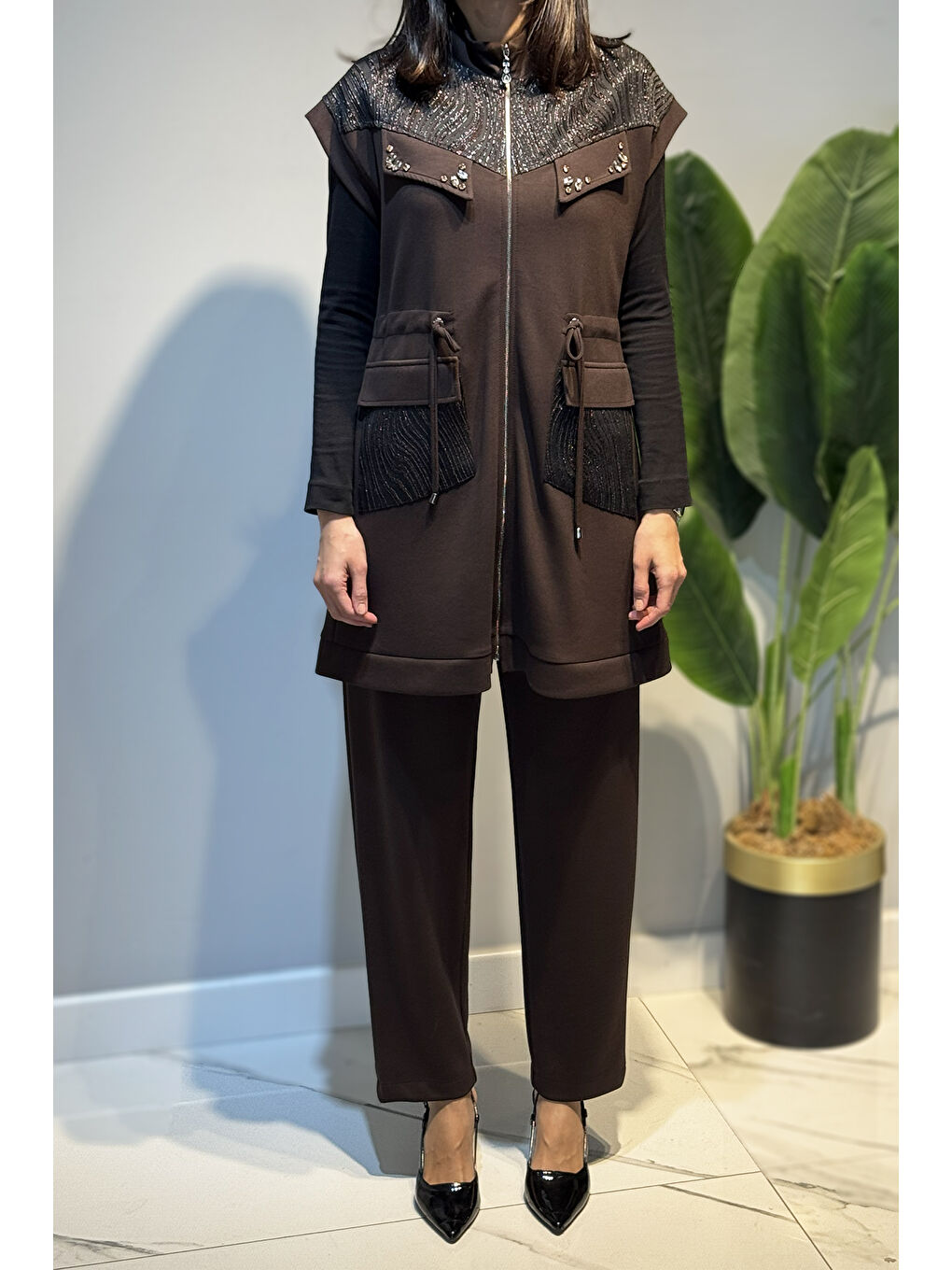Kadın Yelek Pantolon Jakar Detay Takım 7303 Kahverengi-2