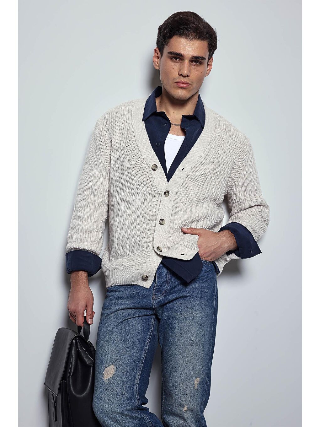 Erkek Oversize Düğmeli Triko Hırka Bej-6