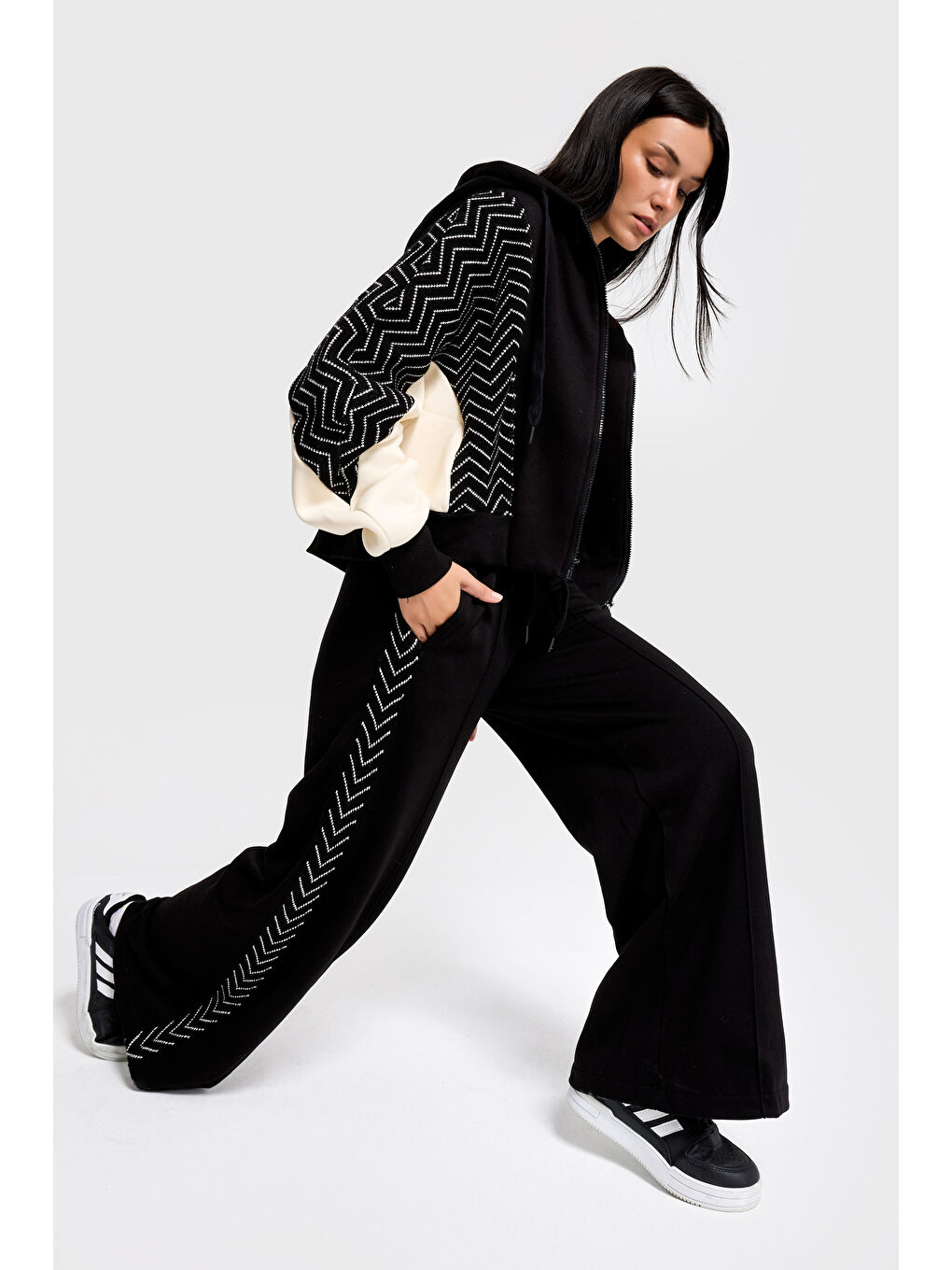 Kadın Siyah Renk w5-1 Kapüşonlu Sweatshirt Polar Eşofman Alt 2'li Kombin Kumaş Tasarım Takım