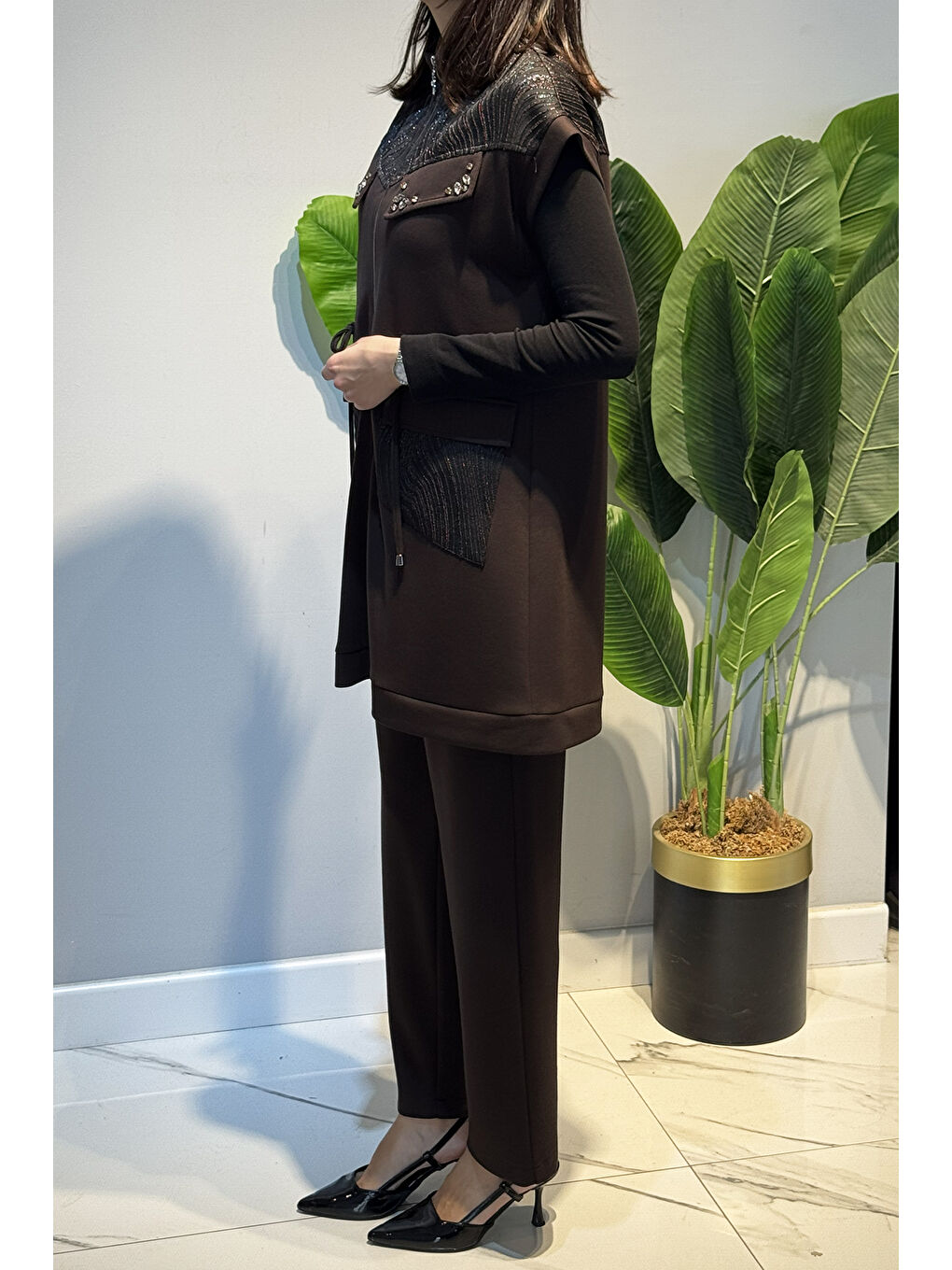 Kadın Yelek Pantolon Jakar Detay Takım 7303 Kahverengi-3