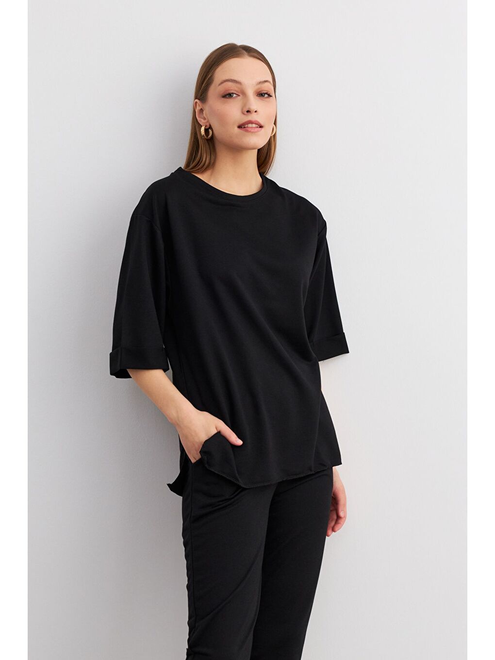 Kadın Siyah Bisiklet Yaka Duble Kol ve Paça Alt Üst Takım-3