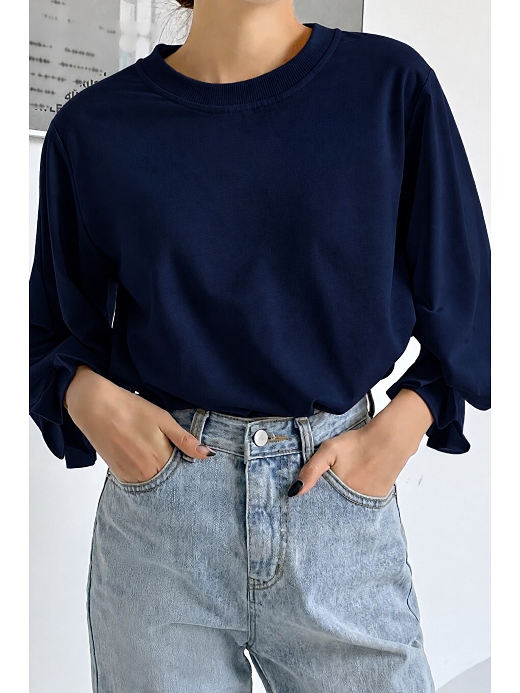 Lacivert Kadın Modern Kesim Fakir Kol Detaylı Oversize Basic Bluz-1