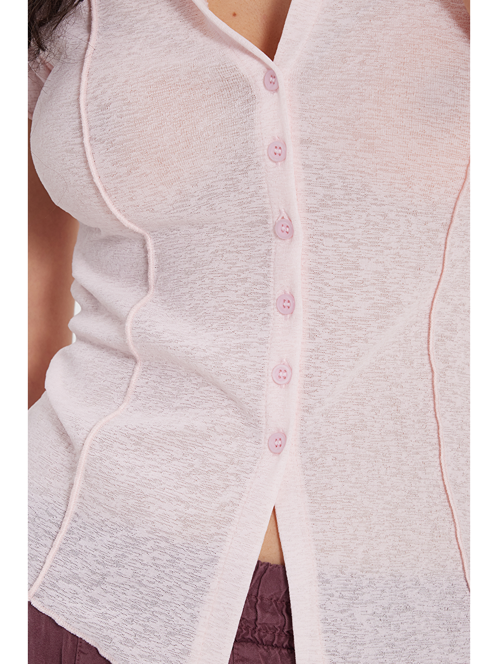 Kadın Slim Fit Dar Kesim Kısa Kollu Gömlek Yaka Pembe Gömlek-3