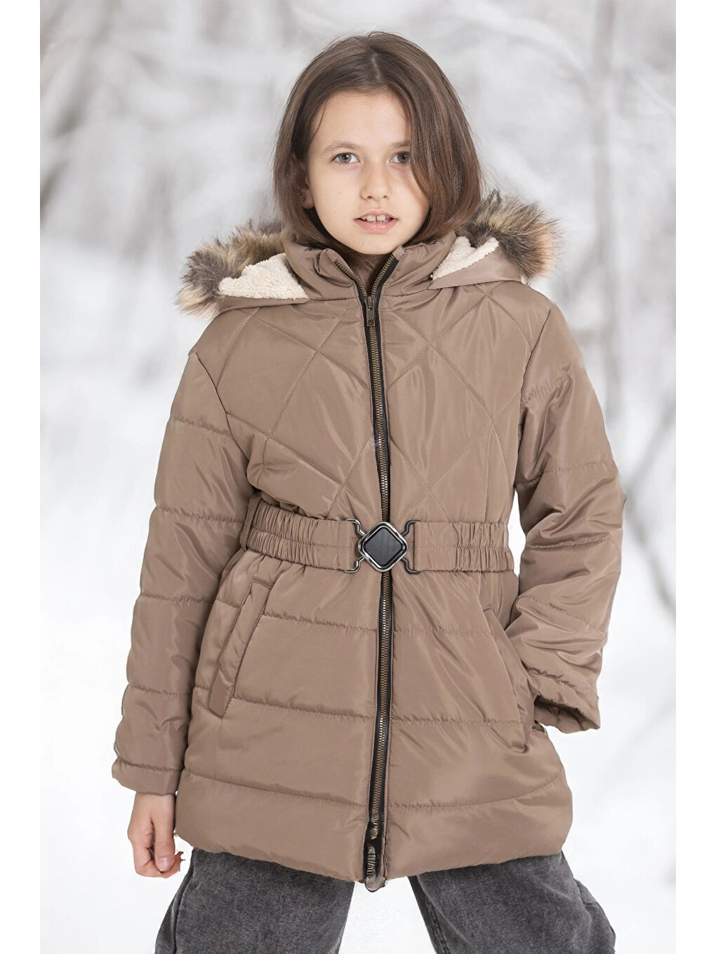 Bej Kapüşonlu Kışlık Kız Çocuk Mont 4232
