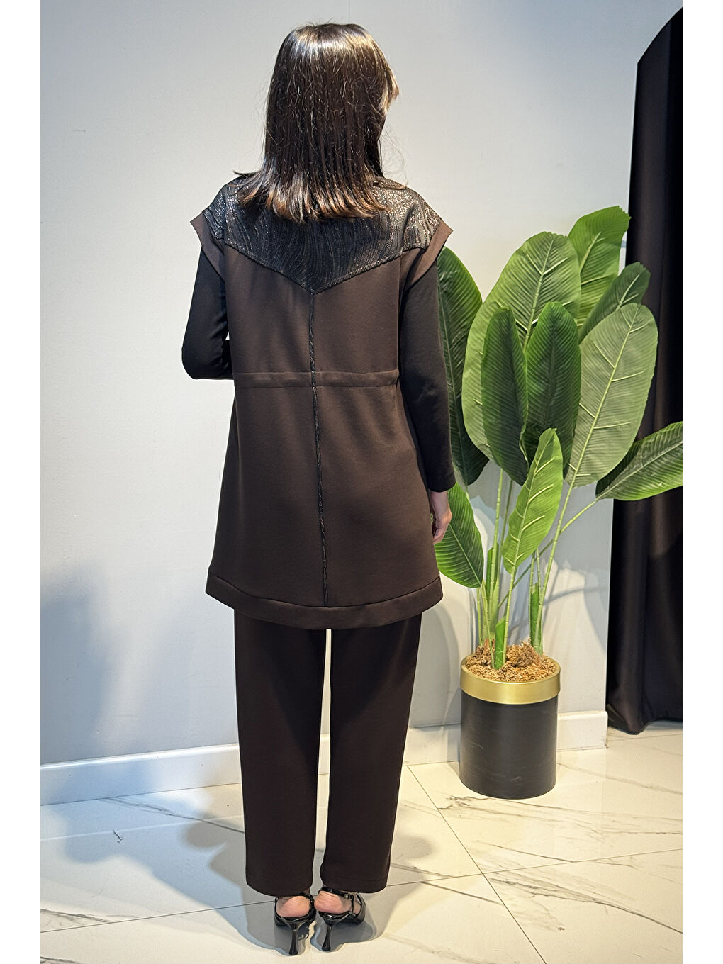 Kadın Yelek Pantolon Jakar Detay Takım 7303 Kahverengi-4