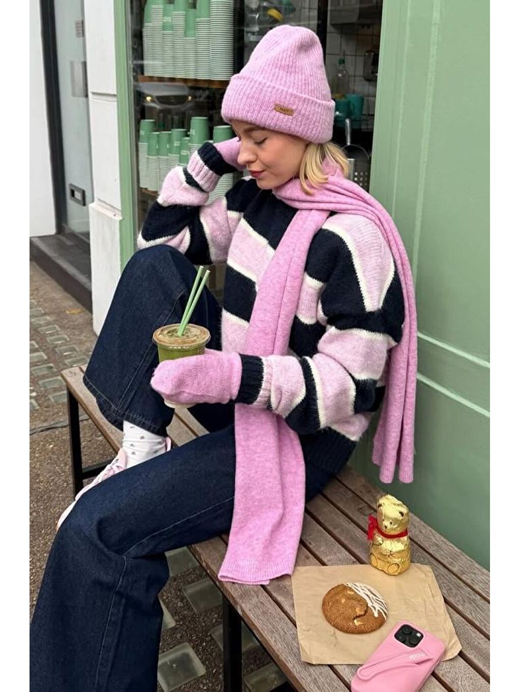 Pembe Bisiklet Yaka Çizgili Triko Kazak Mg2643-2