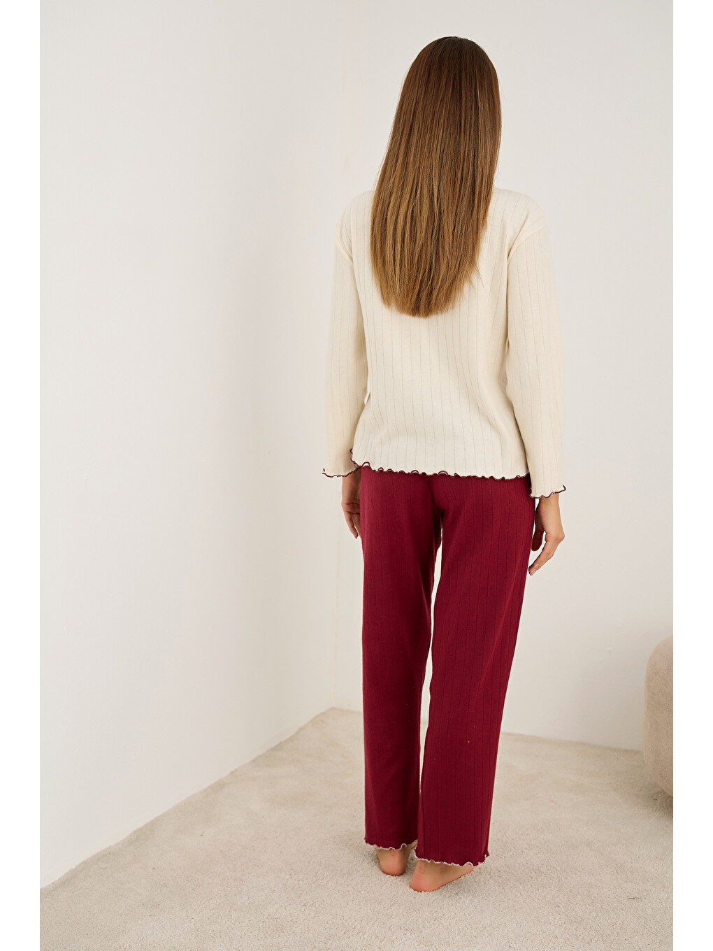 Bordo Kalp Nakışlı Örme İnterlok Pijama Takım25226009-4
