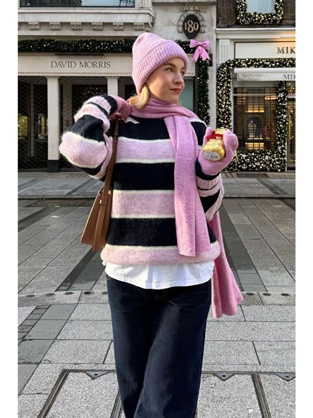 Pembe Bisiklet Yaka Çizgili Triko Kazak Mg2643-3