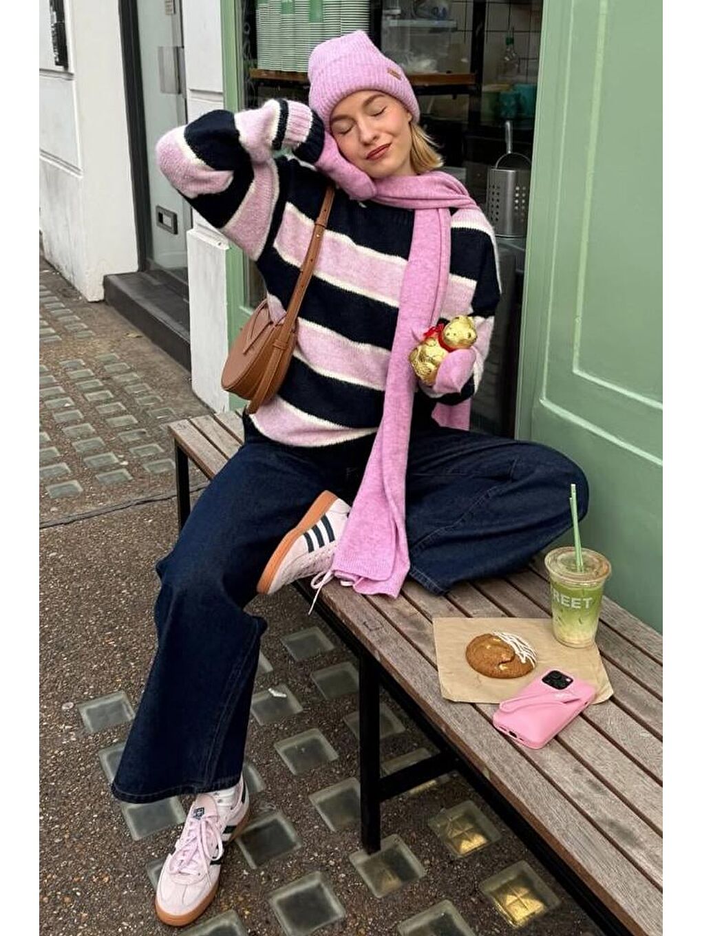 Pembe Bisiklet Yaka Çizgili Triko Kazak Mg2643-4