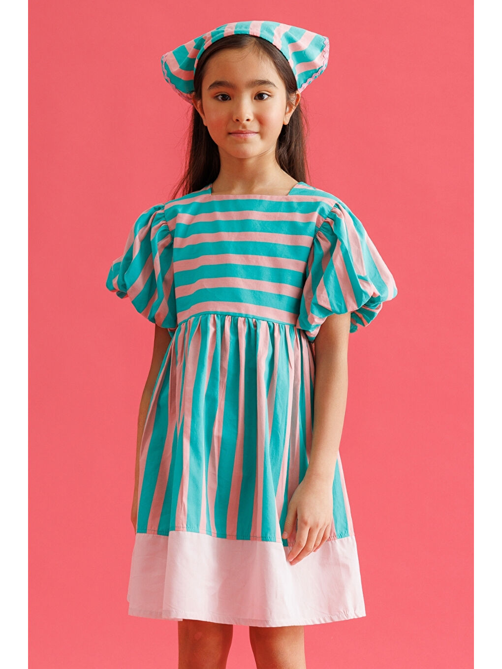 Yeşil Mint Çizgili Kız Çocuk Poplin Elbise - Juno-1