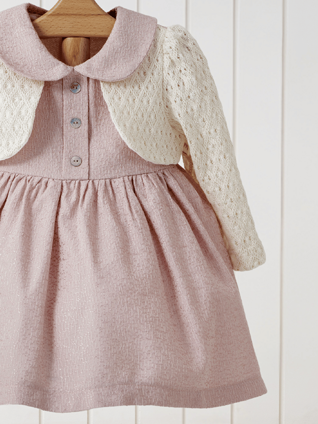 Pembe Bebe Yaka Uzun Kollu Kız Bebek Elbise-1