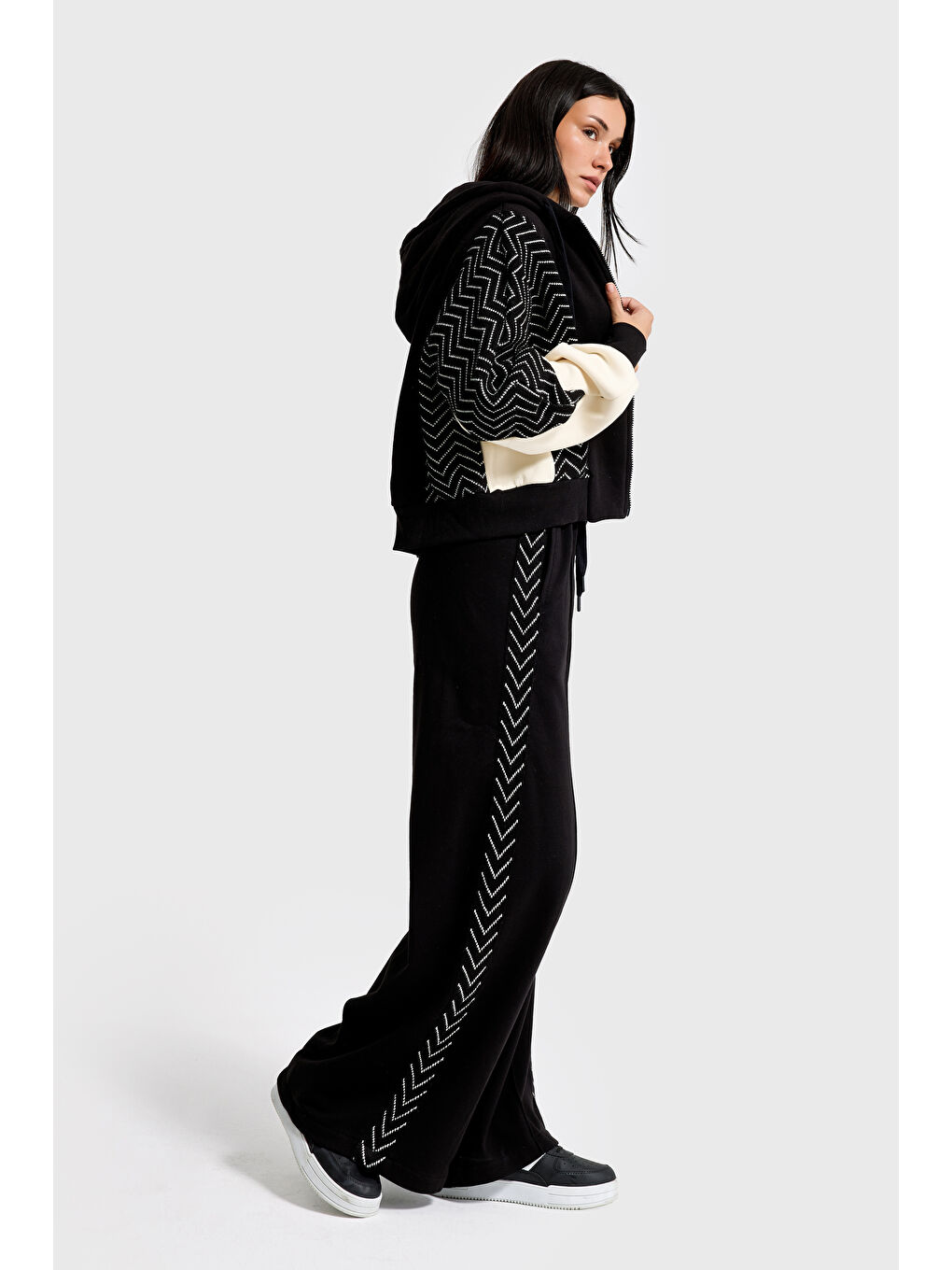 Kadın Siyah Renk w5-1 Kapüşonlu Sweatshirt Polar Eşofman Alt 2'li Kombin Kumaş Tasarım Takım-1