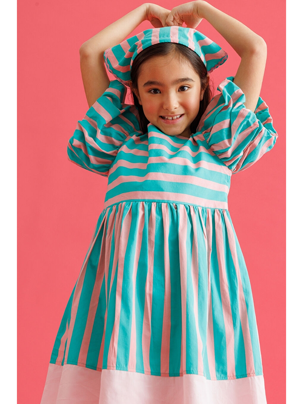 Yeşil Mint Çizgili Kız Çocuk Poplin Elbise - Juno-2