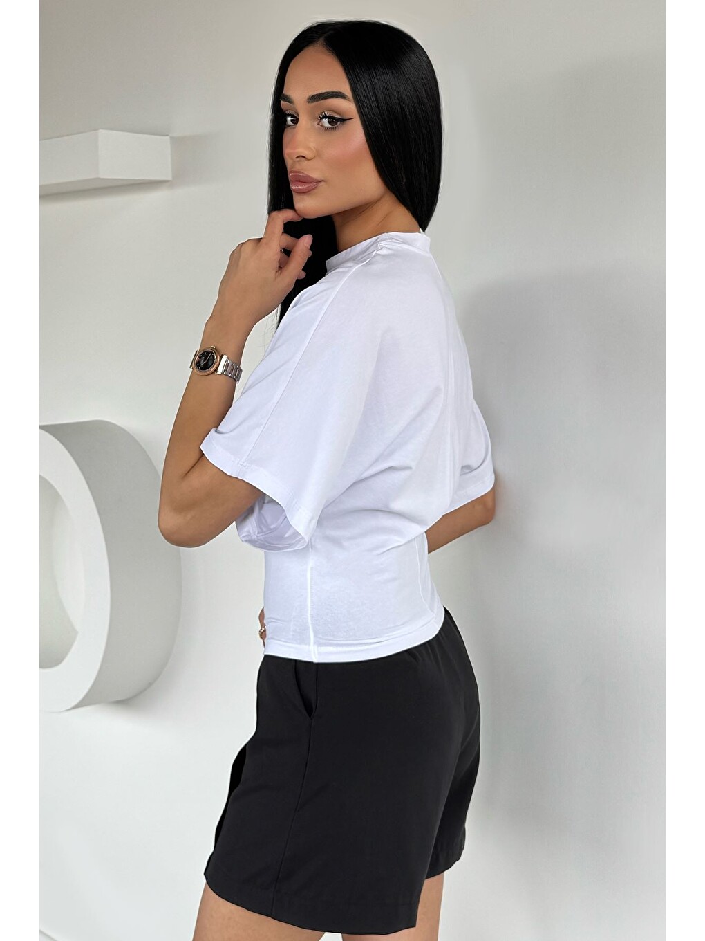 Beyaz Kadın Geniş Kol Basic Tişört-3