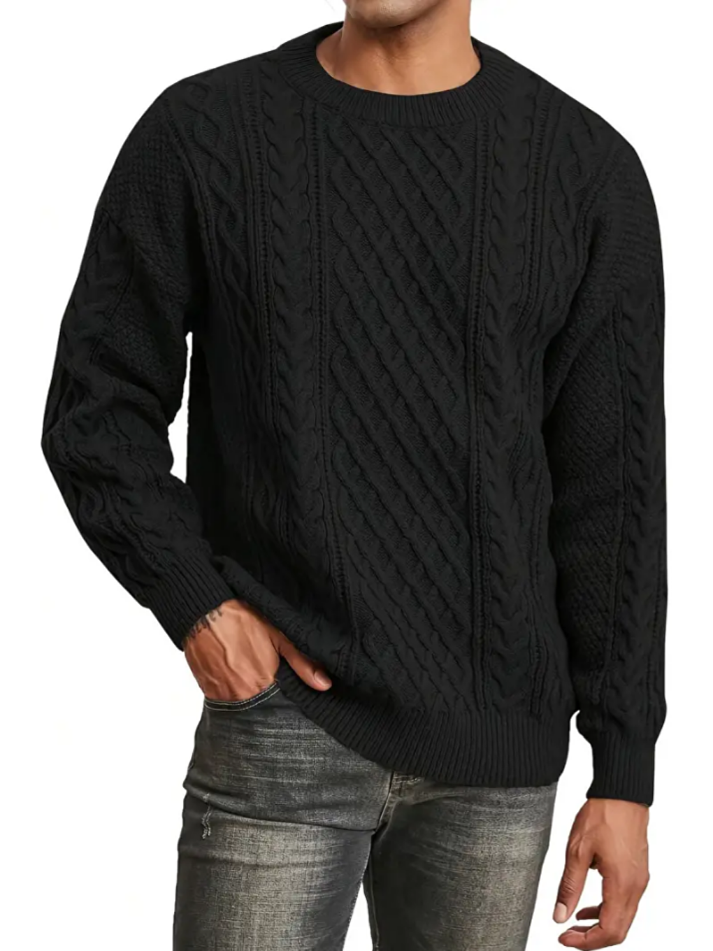 Siyah Erkek Saç Örgülü Yürütmeli Regular Fit Bisiklet Yaka Triko Kazak