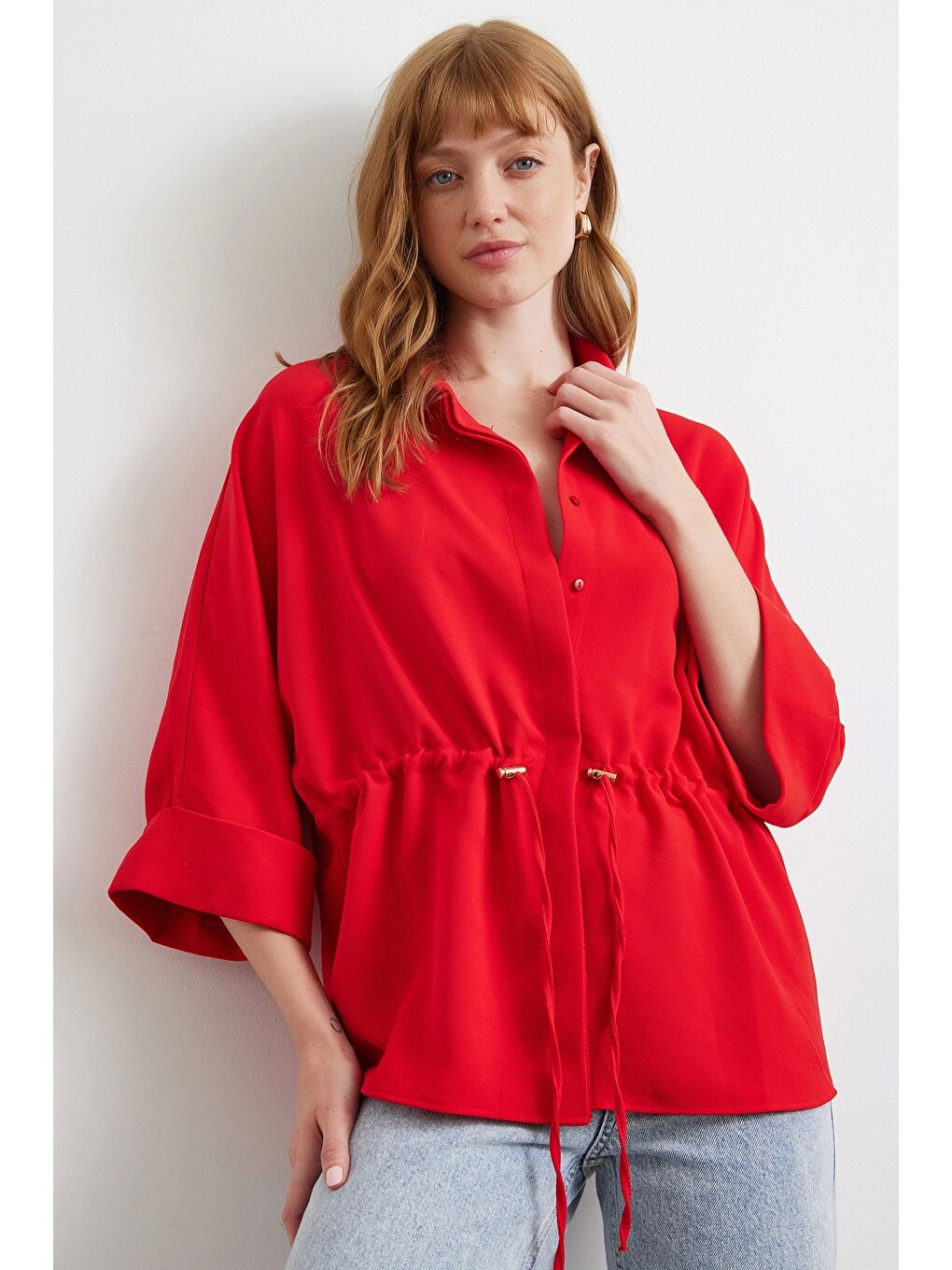 Büzgülü Kimono Gömlek Kırmızı-2