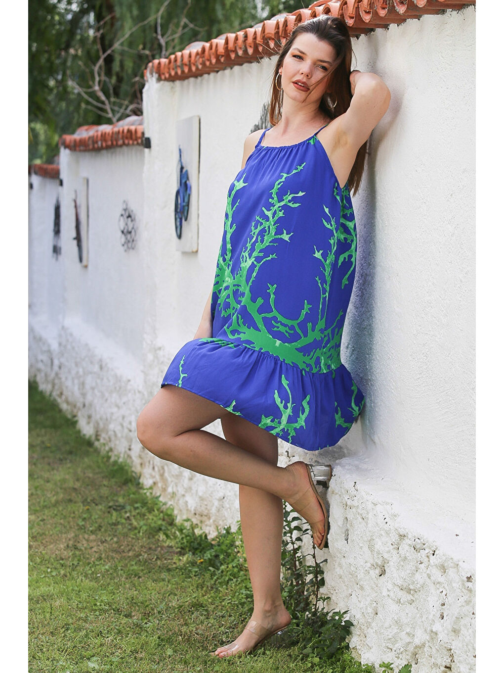 Mavi Eteği Fırfırlı Ayarlanabilir Askılı Allover Baskılı Casual Viskon Dokuma Elbise 105 66-1