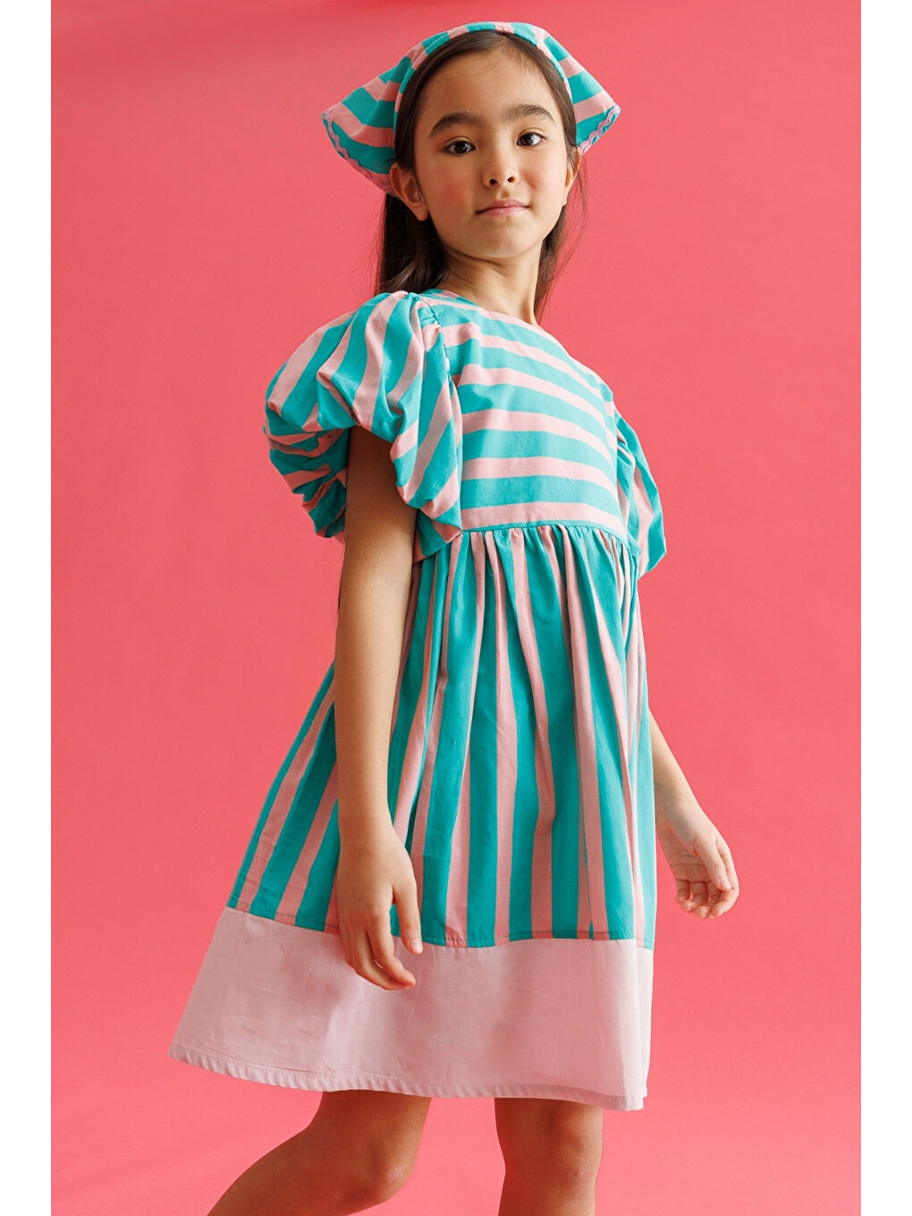 Yeşil Mint Çizgili Kız Çocuk Poplin Elbise - Juno-3