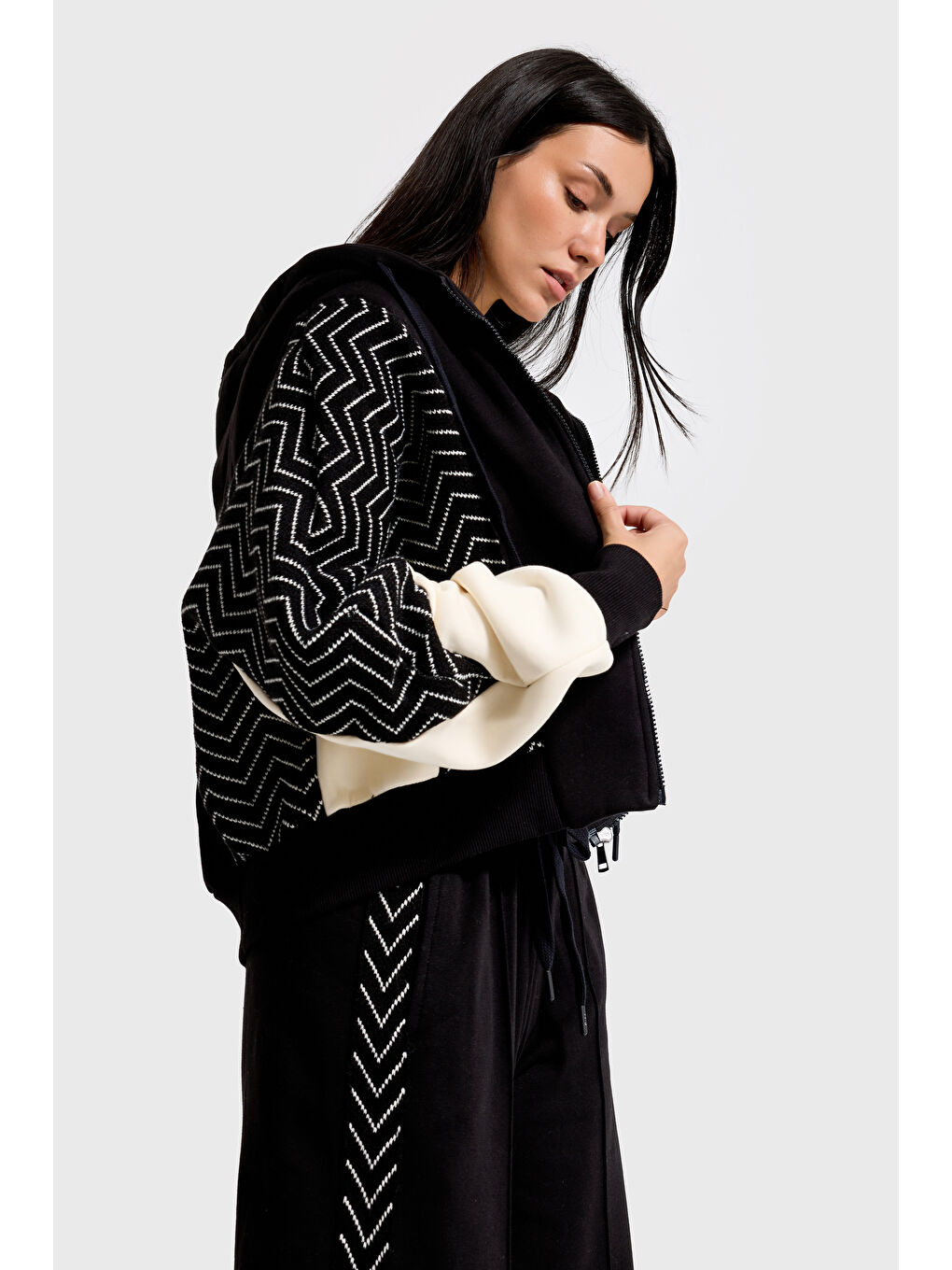 Kadın Siyah Renk w5-1 Kapüşonlu Sweatshirt Polar Eşofman Alt 2'li Kombin Kumaş Tasarım Takım-2