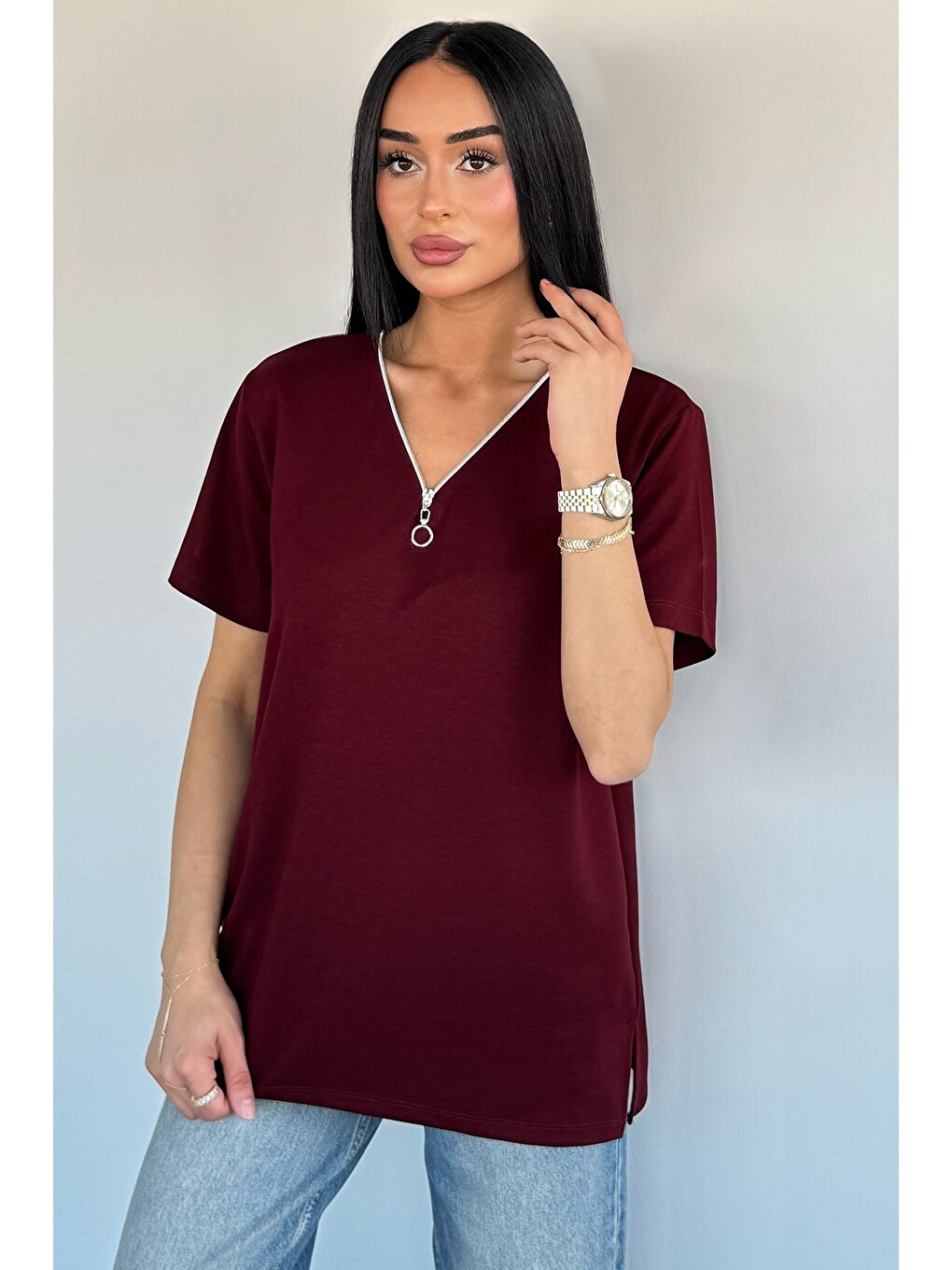 Bordo V Yaka Fermuarlı Tişört-1