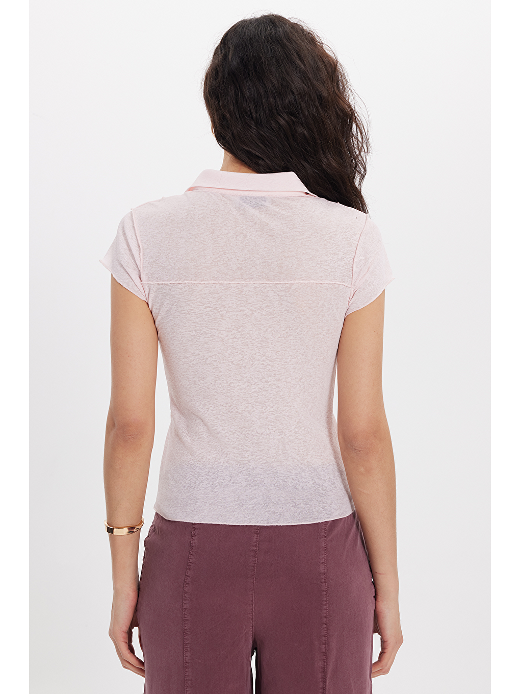 Kadın Slim Fit Dar Kesim Kısa Kollu Gömlek Yaka Pembe Gömlek-5