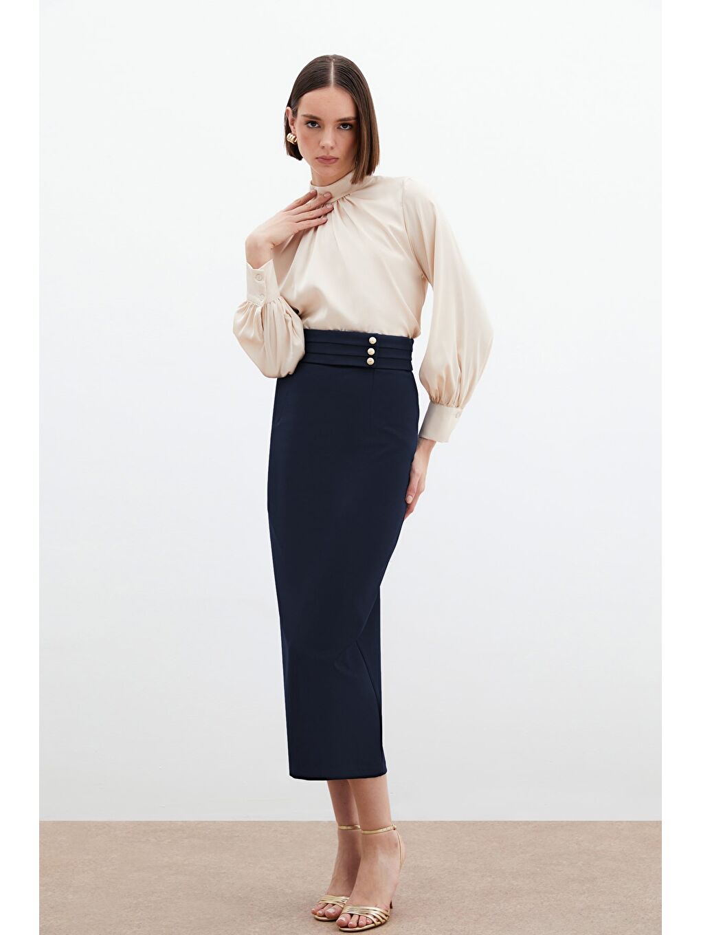 Düğme Detaylı Midi Etek - Lacivert-1