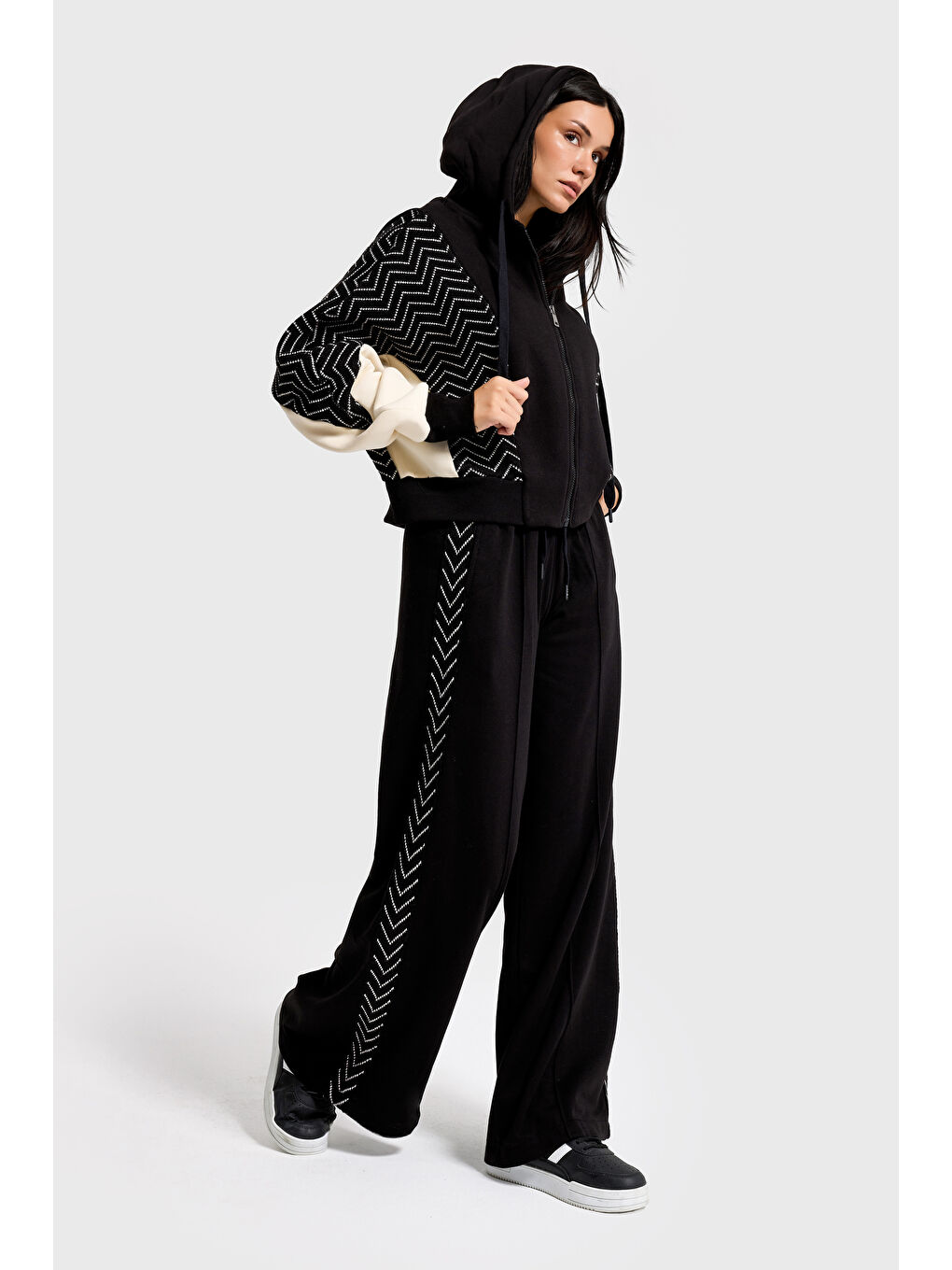 Kadın Siyah Renk w5-1 Kapüşonlu Sweatshirt Polar Eşofman Alt 2'li Kombin Kumaş Tasarım Takım-3