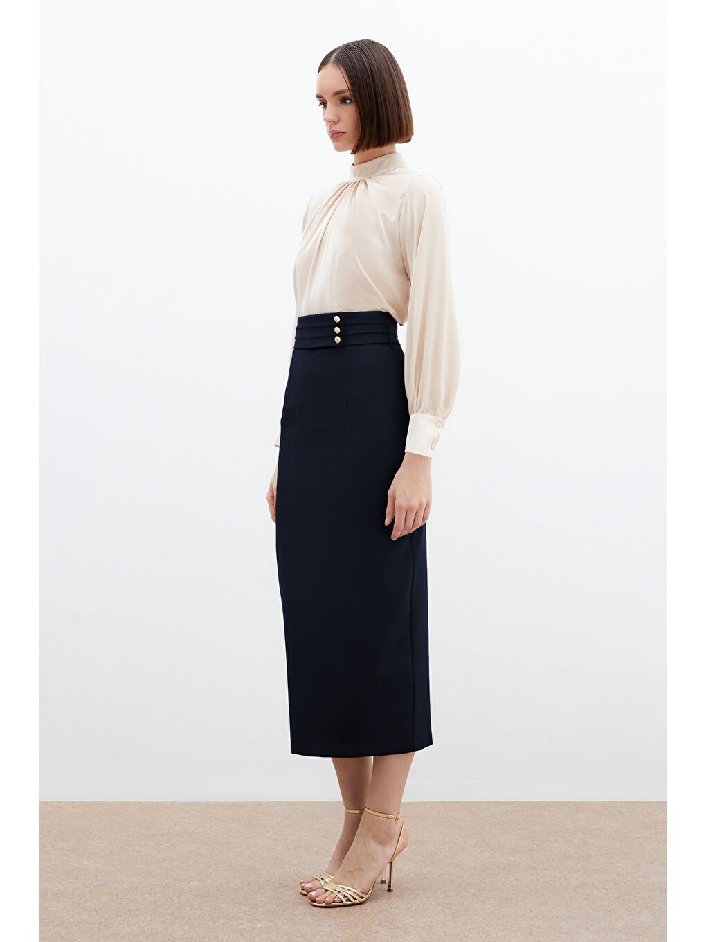 Düğme Detaylı Midi Etek - Lacivert-2