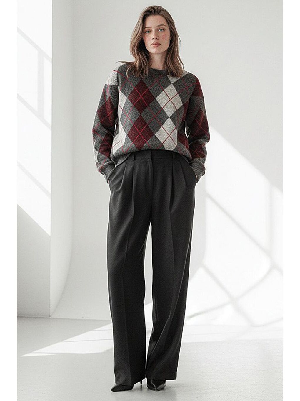 Antrasit Baklava Desenli Bisiklet Yaka Triko Kadın Kazak Mg2647-2