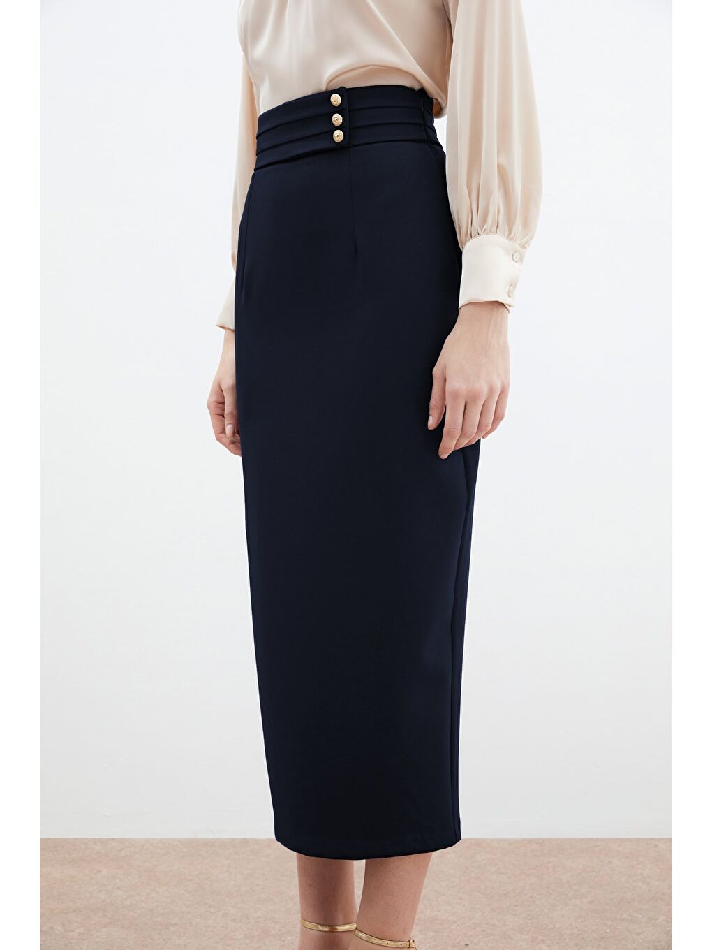 Düğme Detaylı Midi Etek - Lacivert-3
