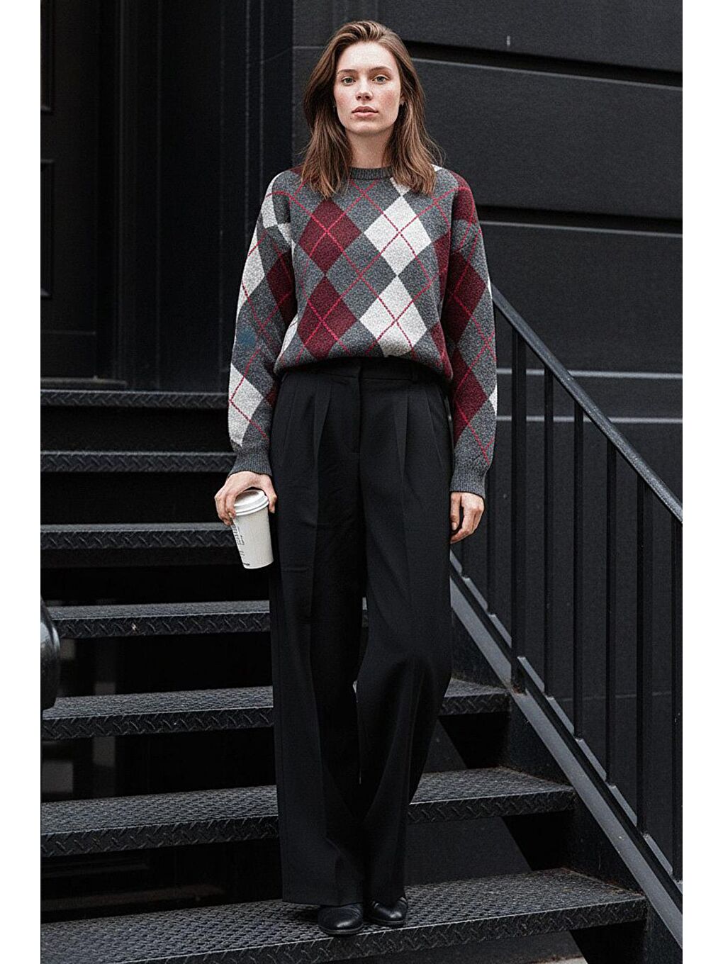 Antrasit Baklava Desenli Bisiklet Yaka Triko Kadın Kazak Mg2647-3