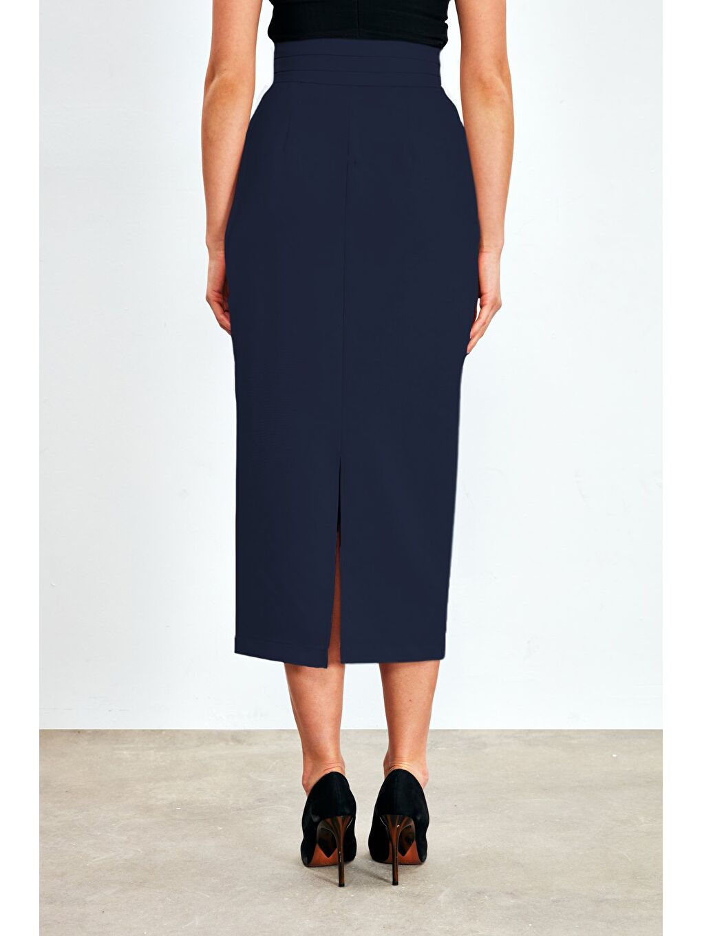 Düğme Detaylı Midi Etek - Lacivert-4
