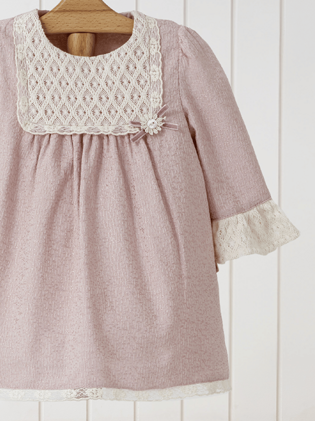 Pembe Bisiklet Yaka Uzun Kollu Dantel Detaylı Kız Bebek Elbise-2