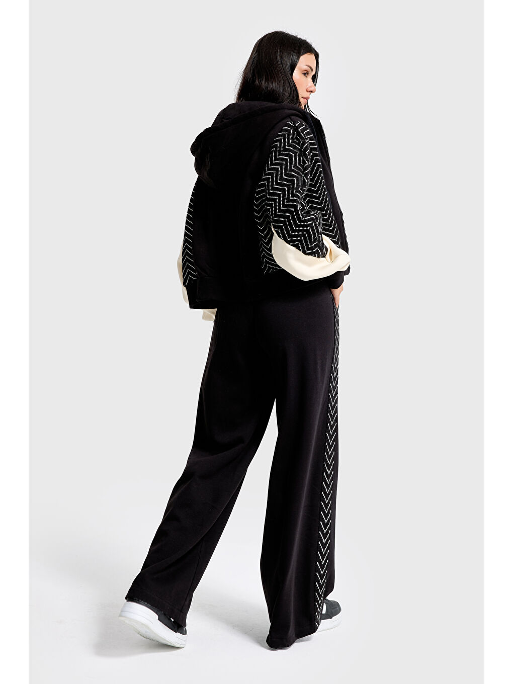 Kadın Siyah Renk w5-1 Kapüşonlu Sweatshirt Polar Eşofman Alt 2'li Kombin Kumaş Tasarım Takım-4