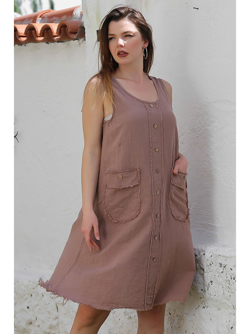Kahverengi Açık Kahve Havuz Yaka Kolsuz Düğmeli Cepli Yıkamalı Pis Dikişli Casual Dokuma Elbise 105 55-2