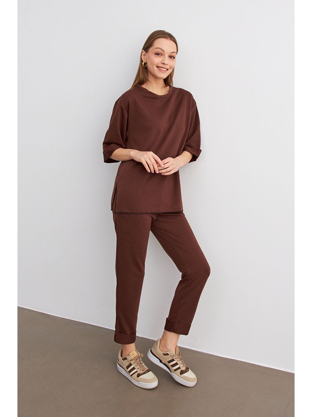 Kadın Kahverengi Bisiklet Yaka Duble Kol ve Paça Alt Üst Takım-3