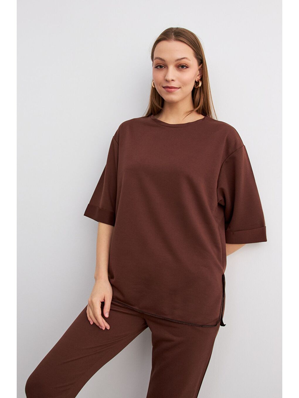 Kadın Kahverengi Bisiklet Yaka Duble Kol ve Paça Alt Üst Takım-4