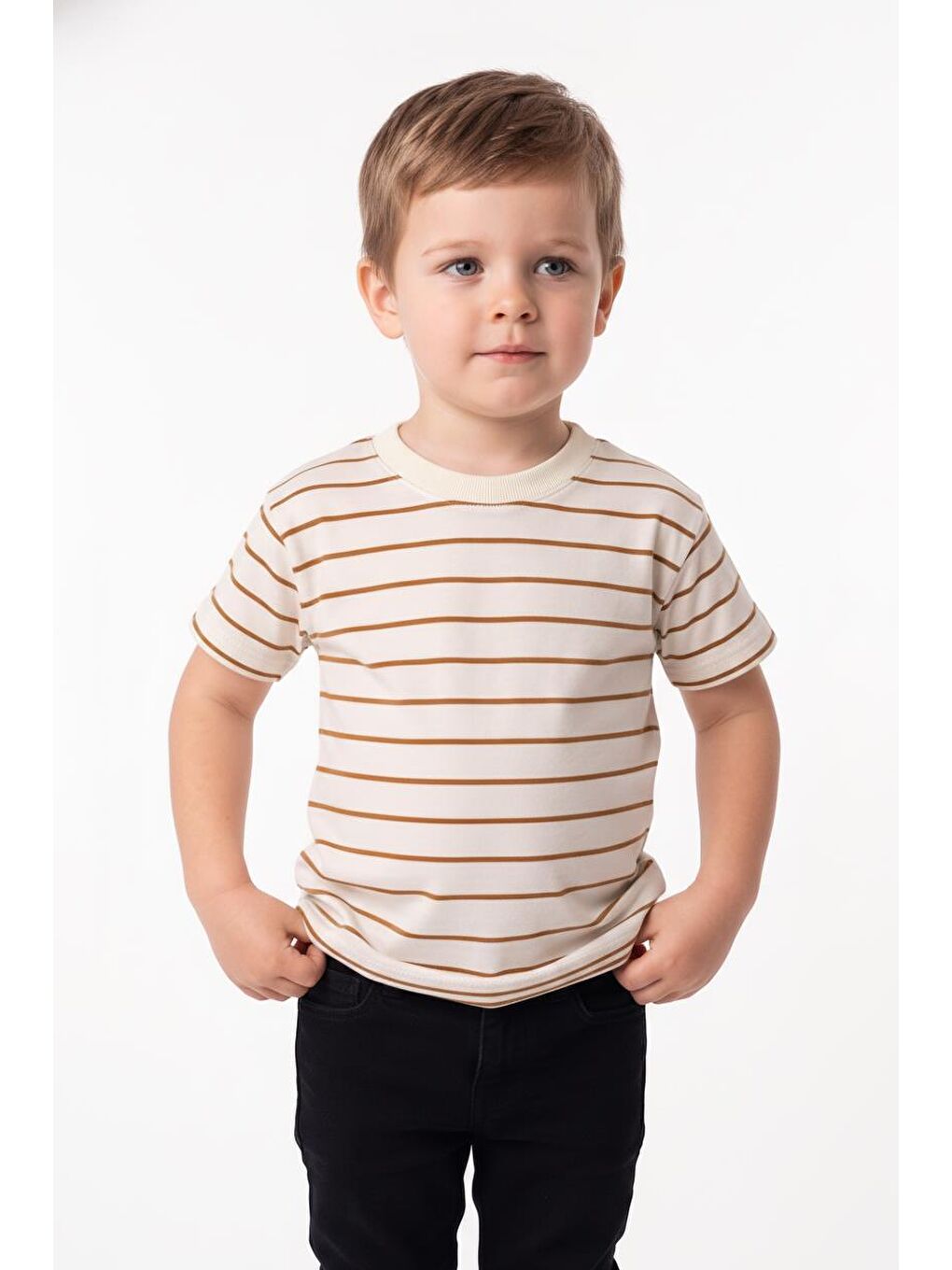 Sarı Elastanlı Kabartma Çizgili 2li Tişört Paket-2