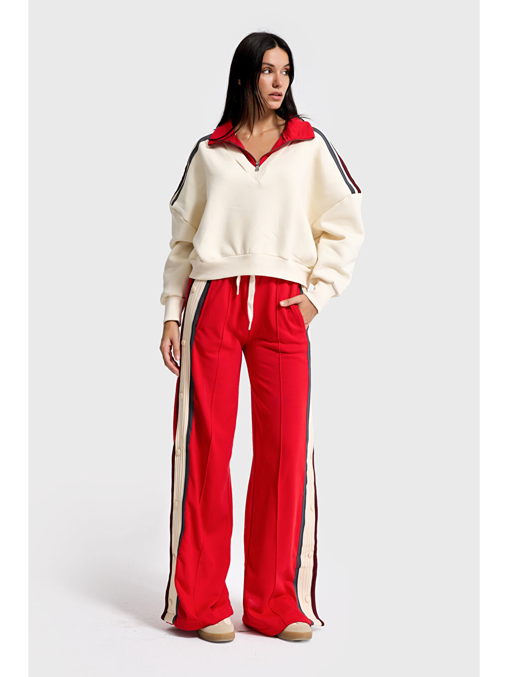 Kadın Kırmızı Bej w5-105 Sweatshirt Eşofman Pantolon 2'li Tasarım Takım